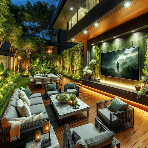 A luxurious outdoor entertainment area with a weatherproof TV wall mounted, surrounded by comfortable patio furniture, outdoor lighting, and lush greenery light