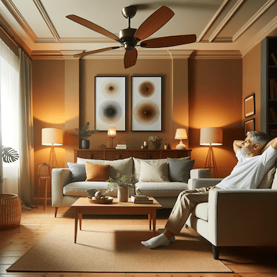 Square image of a homeowner enjoying the comfort of a living room with a newly installed ceiling fan, showing a relaxed and comfortable atmosphere