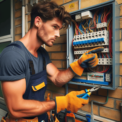 A Melbourne electrician inspecting a fuse box, professional and focused, with a tool belt and safety gear, square format