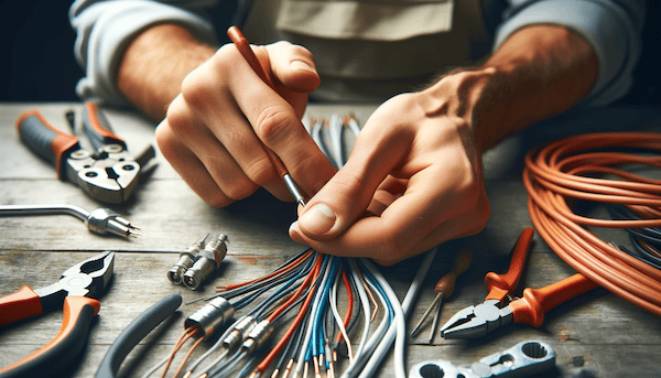 Close-up of a pair of hands working on electrical wiring, tools in background, focused and detailed work, professional and clean