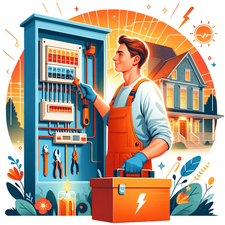 a vibrant and inviting square image for a blog, featuring a local electrician working on a residential electrical panel, with a backdrop of a cozy home