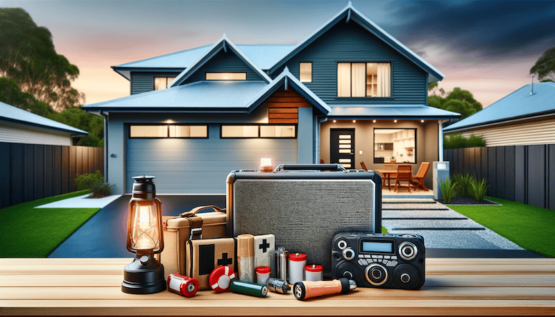 A cozy Australian home prepared for a power outage, with emergency preparedness items such as a torch, battery-powered radio, and first aid kit
